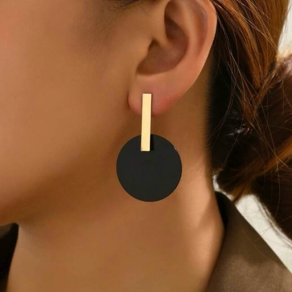 Black and Gold Geometric Statement Earrings - Picture 2 of 4